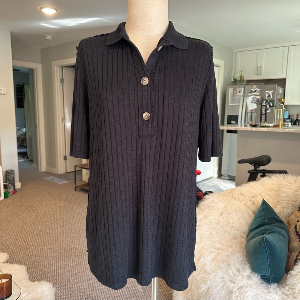Free People Black Ribbed Polo Knit Top
